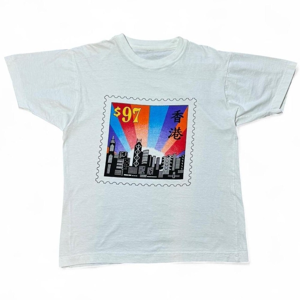 Vintage 90s Hong Kong Postal Stamp Souvenir Graphic Art T-shirt Medium